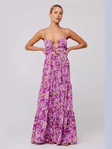 Bohemian purple floral tiered maxi dress with spaghetti straps and front cutout detail