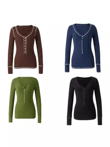 Maglietta da Donna in Maglia Henley Slim Fit a Costine con Cuciture a Contrasto e Bottoni Top Casual a Manica Lunga