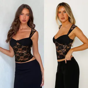 Women Sexy Lace Floral Camisole Tank Top Slim Fit Hollow Out Sleeveless V Neck Crop Top Party Clubwear Summer Fashion Top