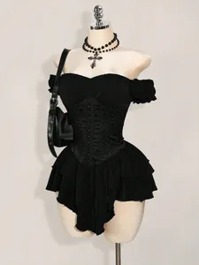 Black gothic off-shoulder chiffon mini dress with tiered ruffles and jacquard corset waist