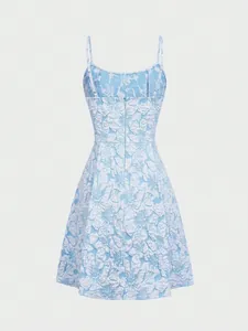 Elegant back view of light blue sleeveless mini dress featuring white 3D floral jacquard pattern