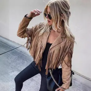 Women's vintage camel suede-like jacket featuring western style long fringes and slim fit