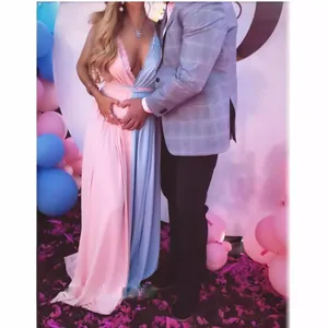 Elegant V-neck lace mesh maternity photography dress with pink and blue split design