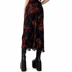 Fashionable high-waisted black midi skirt with red ethnic floral print for women