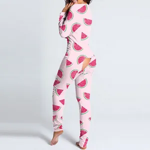 Damen-Schlafanzug in Rosa mit Wassermelonen-Print und funktionaler Gesäßklappe mit Knöpfen