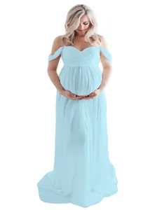 Light blue off-the-shoulder maternity photoshoot dress with front slit and floor-length hem
