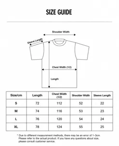 Size chart guide for unisex basic short sleeve t-shirt including length and bust measurements