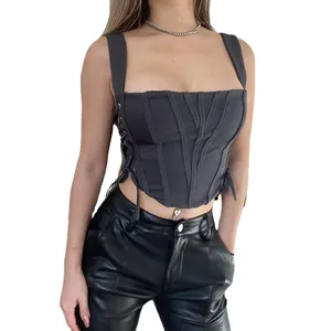 Chic charcoal grey corset crop top featuring side lace-up ties and a slim fit design