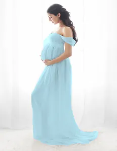 Elegant light blue off-shoulder maternity photography gown for professional photoshoots.