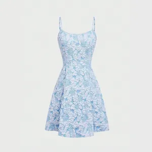 Women Sleeveless 3D Floral Jacquard Dress Square Neck Pleated Mini Dress Elegant Slim Fit A-Line Party Dress Summer Fashion