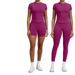Slim-fit quick-dry yoga set with short-sleeved top, shorts and leggings options