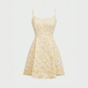 Sleeveless A-line short dress featuring 3D white floral patterns on a yellow background.