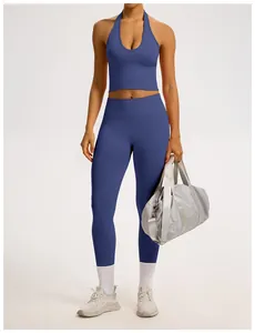 Legging de yoga bleu sans couture à taille haute avec débardeur de fitness assorti