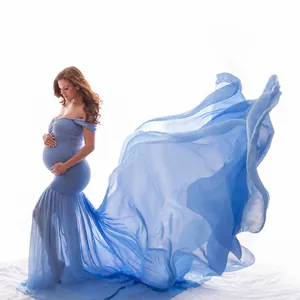 Maternity Photography Dress Acrylic Polyester Off Shoulder Extra Long Tail Elegant Women Photoshoot Gown Flowing Maxi Skirt