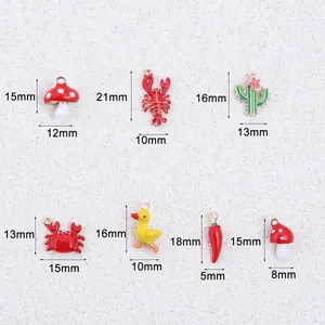 Size overview of colorful alloy enamel lobster, mushroom, and cactus jewelry charms
