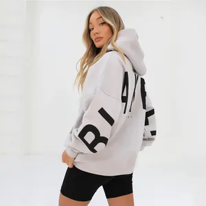 Back view detail of oversized grey hoodie with bold black 'BLAKE' lettering