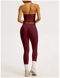 Back view of seamless high waist yoga pants in maroon, perfect for gym and running