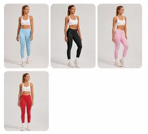 Detailansicht der schnelltrocknenden Kontrast-Yoga-Leggings in Blau, Schwarz, Rosa und Rot