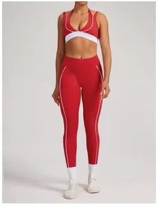 Rot-weißes farbblockiertes Yoga-Set mit hochtaillierter Hose und Sport-BH für Fitness