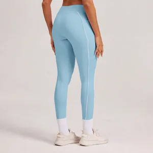 Hellblaue schnelltrocknende Yoga-Leggings mit weißen Kontrastpaspeln für Damen