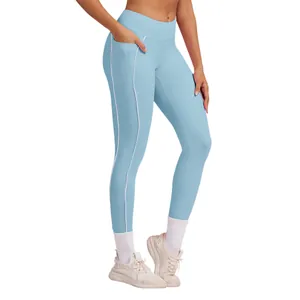 Hellblaue High-Waist-Yoga-Leggings mit Kontrastpaspeln und Seitentaschen für Fitness