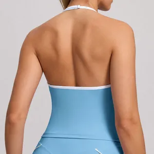 Women Halter Neck Yoga Tank Top Contrast Binding Backless Gym Sports Bra Tight Fitness Running Activewear Vest Top