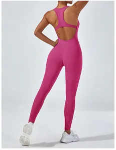 Backless one-piece yoga jumpsuit in vibrant fuchsia with high elasticity and bodycon fit