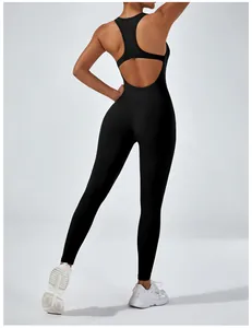 Back view of black one-piece yoga jumpsuit with open back and high elastic hip lifting