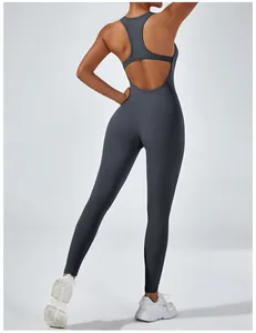 Detail of dark grey backless one-piece yoga jumpsuit for women with hip lifting fit