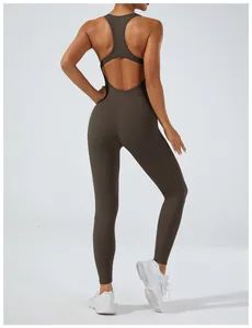 Detailed back view of a high elastic backless one-piece yoga jumpsuit in dark olive