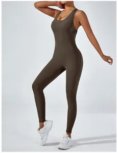 Detailed view of a dark brown high-elastic one-piece yoga jumpsuit for fitness and yoga
