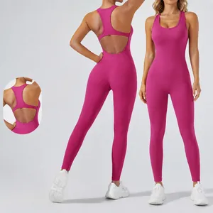Women High Elastic Yoga Bodysuit Hollow Back Butt Lift One-Piece Jumpsuit Long Pants Sportswear Fitness Athletic Wear