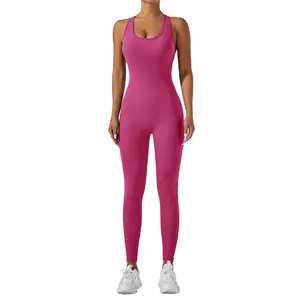 Professional pink high elastic one-piece yoga jumpsuit for women with backless design