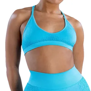 Women's light blue seamless jacquard yoga sports bra with matching high waist leggings
