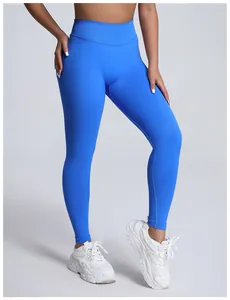 Seamless high-waist matte yoga leggings in bright blue for fitness and running.
