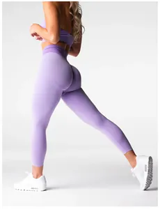 Detailed side view of purple seamless scrunch butt yoga leggings for women fitness.