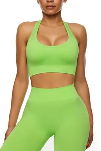 Vibrant lime green seamless halter-neck yoga sports bra and high waist leggings set
