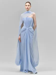 Women Elegant Off-Shoulder Pleated Maxi Dress Sexy Solid Blue Evening Party Gown With Streamers Polyester Strapless Dress