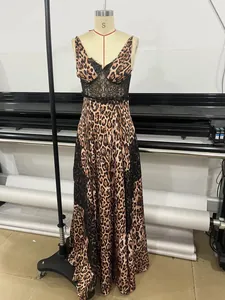 Detailed view of leopard print lace patchwork maxi dress with sexy spaghetti straps