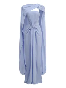 Detail of elegant light blue pleated strapless evening gown with draped cape sleeves