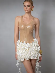 Women Sexy Bodycon Sequin Patchwork 3D Flower Mini Dress For Party Luxurious Stitching Evening Gown Camisole Cocktail Dress