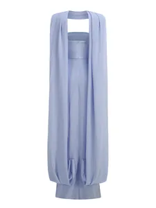 Rear view detail of a lavender strapless maxi dress featuring elegant shoulder sashes.