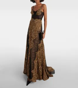Elegant leopard print maxi dress with black lace trim and sexy spaghetti straps