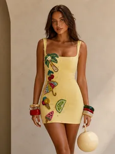 Women Sexy Bodycon Strap Mini Dress High-End Colorful Beaded Tropical Pattern Sequin Party Banquet Dress