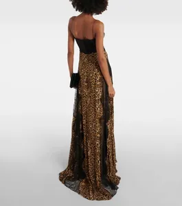 Sexy leopard print and black lace patchwork maxi dress with spaghetti straps