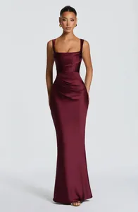 Elegant burgundy satin pleated maxi evening gown for formal banquets and luxury parties