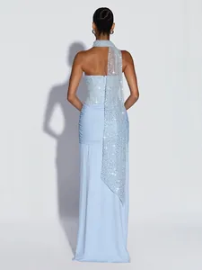 Elegant light blue sequined strapless maxi dress with ruched back detailing for evening