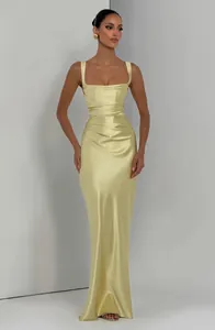 Elegant pale yellow pleated satin maxi dress for formal evening banquets and parties.