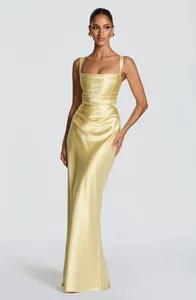 Elegant pale yellow satin pleated evening gown featuring a square neckline and slim bodycon fit
