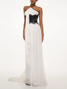 Women Sexy Halter Backless Maxi Dress Color Block Lace Pleated Floor Length Evening Party Gown Vestidos